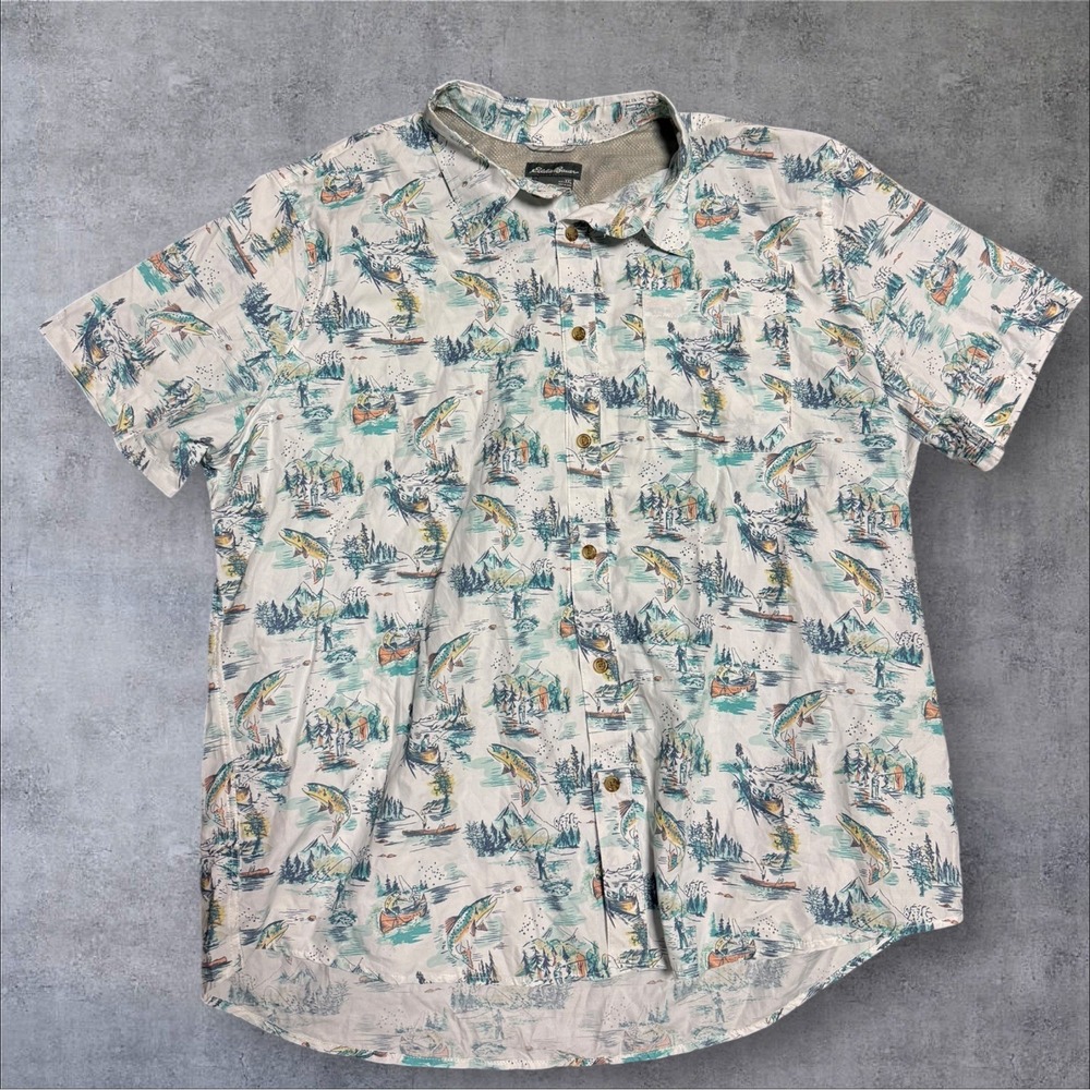 Eddie‎ Bauer Outdoors AOP Shirt Mens 2Xl Fishing Theme Outdoors Short Sleeve